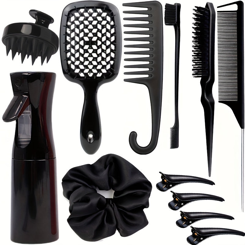 Complete Hair Styling Comb Set | Versatile Detangling & Teasing Combs. 12 pcs Edge & Rat Tail Brushes. Scalp Massager. Spray Bottle - Ideal for All Hair Types & Daily Use