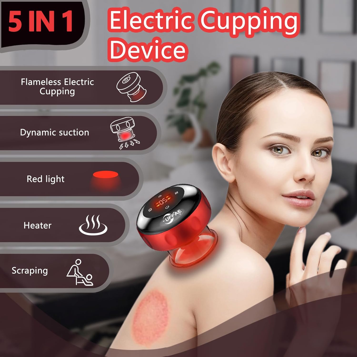 5-in-1 Electric Cupping Therapy Set, Smart Cupping Therapy Massager, 12 Levels of Suction Strength and Temperature Control，for Targeted Pain Relief, Portable Electric Cupping Device