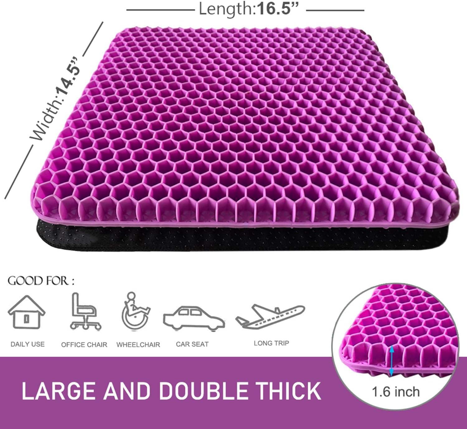 Gel Seat Cushion | Double Thick Gel Cushion for Long Sitting with Non-Slip Cover(16.5x14.5x1.6inch)