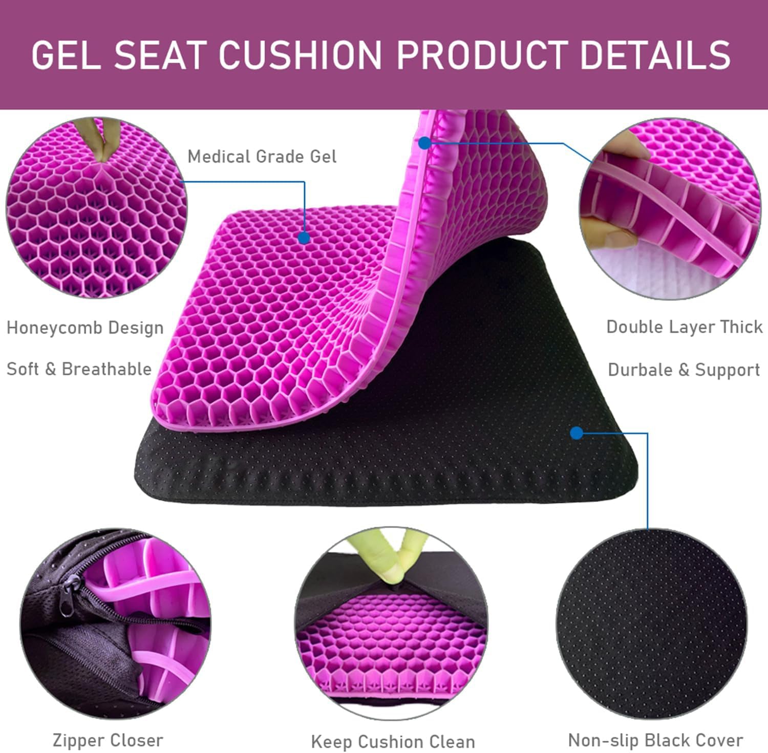 Gel Seat Cushion | Double Thick Gel Cushion for Long Sitting with Non-Slip Cover(16.5x14.5x1.6inch)