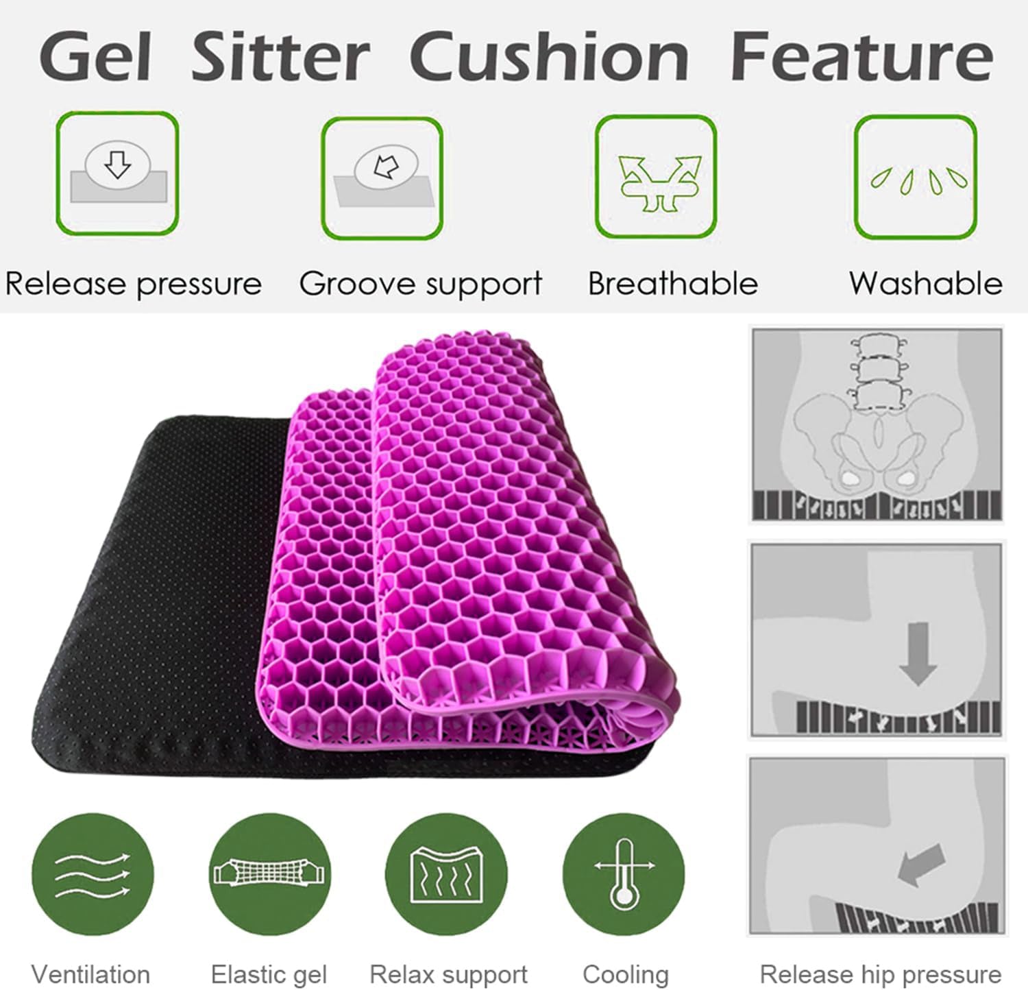 Gel Seat Cushion | Double Thick Gel Cushion for Long Sitting with Non-Slip Cover(16.5x14.5x1.6inch)