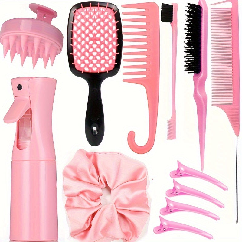 Complete Hair Styling Comb Set | Versatile Detangling & Teasing Combs. 12 pcs Edge & Rat Tail Brushes. Scalp Massager. Spray Bottle - Ideal for All Hair Types & Daily Use