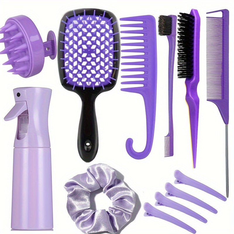 Complete Hair Styling Comb Set | Versatile Detangling & Teasing Combs. 12 pcs Edge & Rat Tail Brushes. Scalp Massager. Spray Bottle - Ideal for All Hair Types & Daily Use