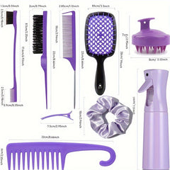 Complete Hair Styling Comb Set | Versatile Detangling & Teasing Combs. 12 pcs Edge & Rat Tail Brushes. Scalp Massager. Spray Bottle - Ideal for All Hair Types & Daily Use